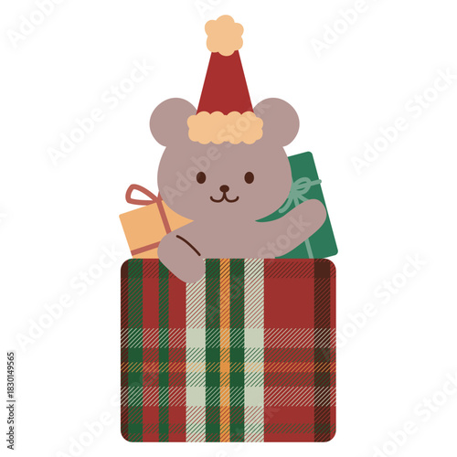 ギフトボックスから顔を出すくまのイラスト　サンタ帽