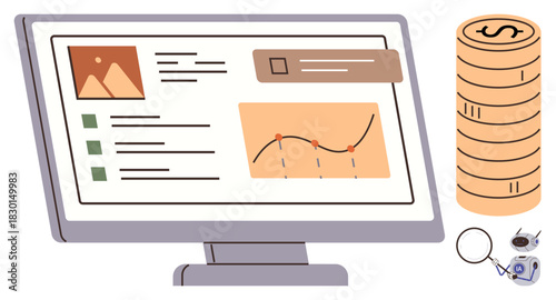 Computer screen displaying data charts, document preview, checklist, and financial coin stacks. Ideal for finance, marketing, analytics, business growth data management investment economy. Clean