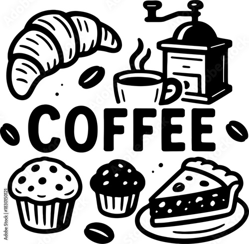 Delicious coffee and pastry assortment drawing for cafe menu and bakery shop advertising design