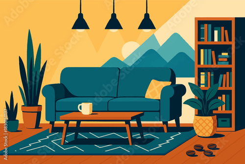 Cozy living room interior with blue sofa and mountain view creating a peaceful home environment 100 chars