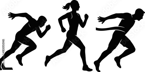 Silhouette of runners sprinting in a race competition showing speed and athletic performance on white