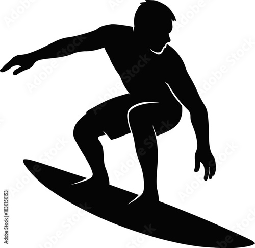 Silhouette of a surfer riding a wave on a surfboard in the ocean at the beach on a sunny day