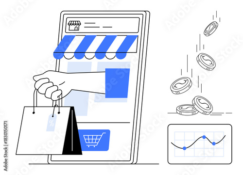 Hand holding shopping bags from mobile store, growing coins, revenue chart. Ideal for e-commerce, online retail, digital marketing, business growth, mobile apps, profit trends simple flat metaphor