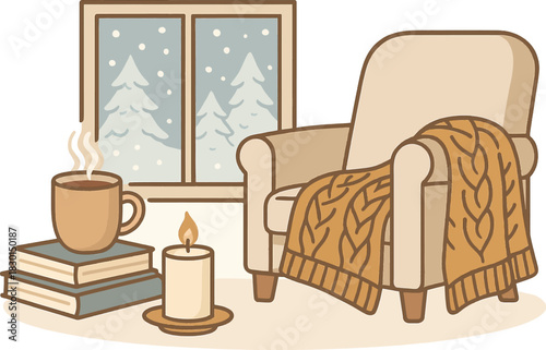 Cozy winter scene with armchair blanket books candle and steaming mug by the window on a snowy day