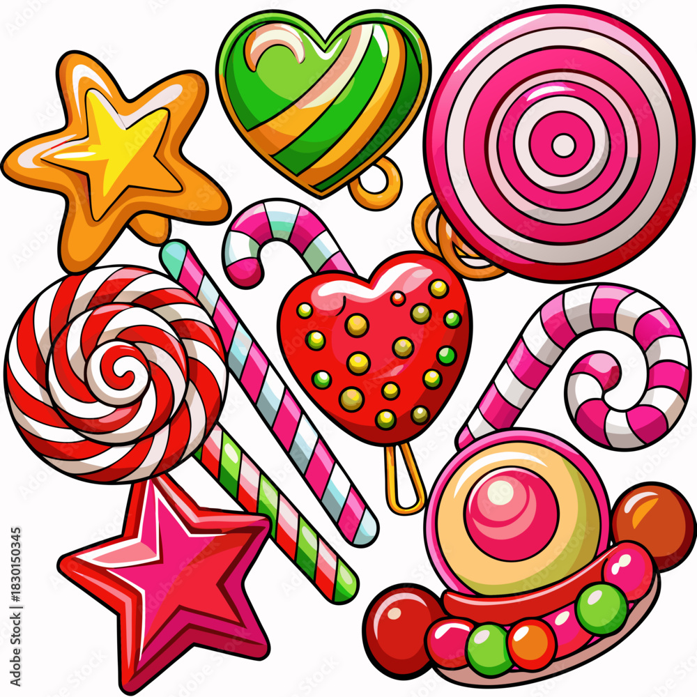 Fototapeta premium Candy canes red clipart set. Candy cane, lollipop and peppermint candy clip art collection with shape and pattern like spiral, stripes, swirl, pine tree, heart and star for Christmas holiday sweet