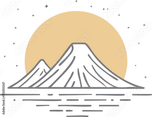 Line Art Illustration of Two Mountains with Sun and Water