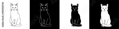 A versatile set of four black and white cat icons in a minimalist style, showcasing positive and negative space for modern logos and web design