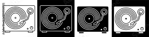 Four stylized record players, alternating black and white backgrounds, each with a vinyl record and tone arm.