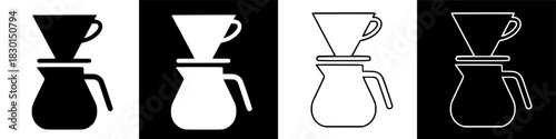 Four variations of a pour-over coffee maker illustration in black and white, with inverted color schemes.