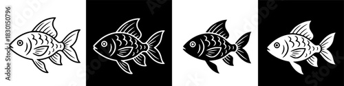 A set of four goldfish illustrations in a simple line art style, showcasing black and white variations and negative space icons