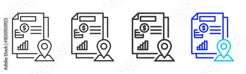budget mapping icon set collection in creative outline style for business featuring multiple thickness variations suitable for transition planning and strategic flow hub
