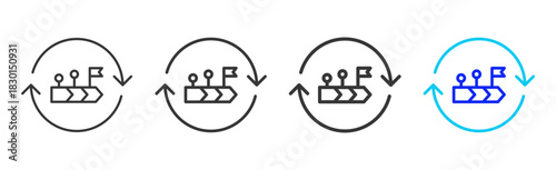 flow renewal icon set collection in creative outline style for business featuring multiple thickness variations suitable for transition planning and strategic flow hub