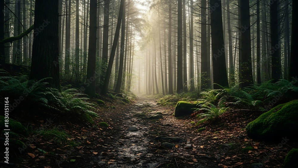 Fototapeta premium Mystical Forest Path - Sunlight Filtering Through Towering Trees.