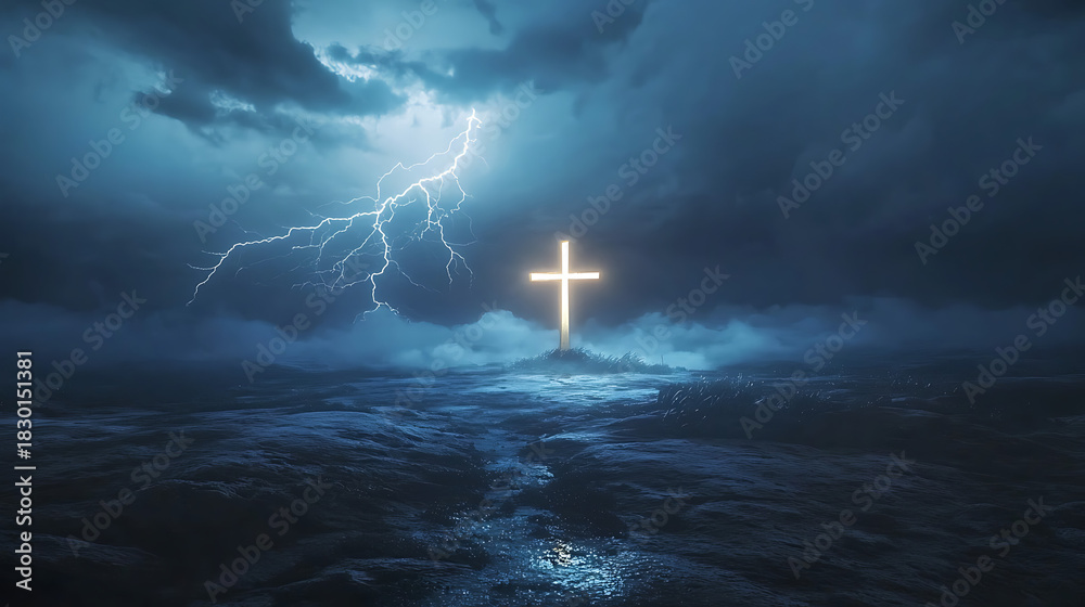 Fototapeta premium A cross is lit up in the sky above a stormy ocean