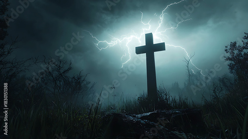A cross is standing in a field with a storm in the background