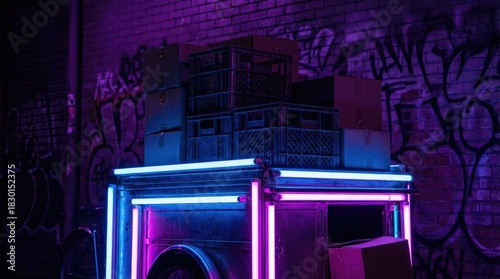 Neonlit DJ Booth in an Urban Alleyway at Night.