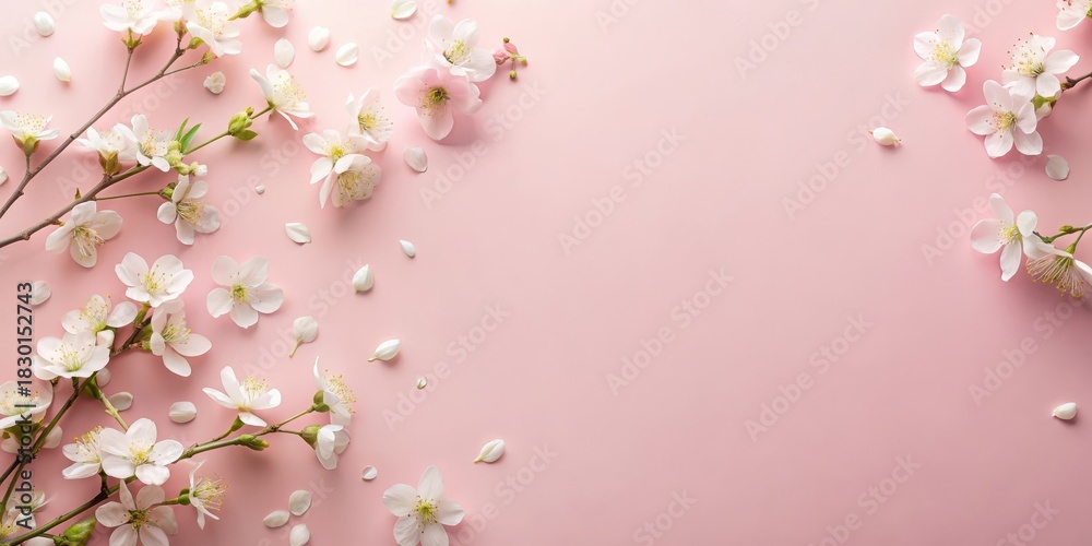 Fototapeta premium Soft pink pastel background with a few scattered white flowers, pastel hues, blossoms on white background