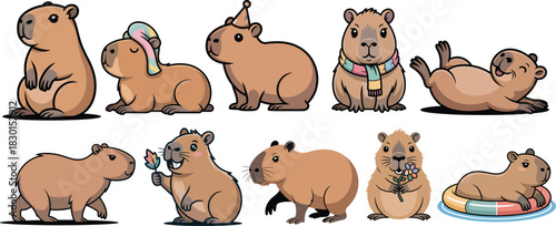 Cute capybara characters in various playful poses and expressions