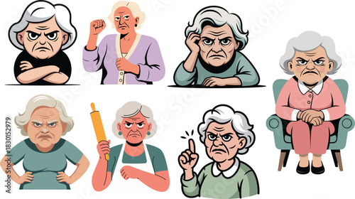 Grumpy old woman set showing angry and annoyed senior lady expressions