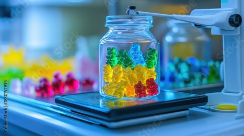 Colorful gummy bears in a glass jar being weighed on a digital scale in a laboratory setting