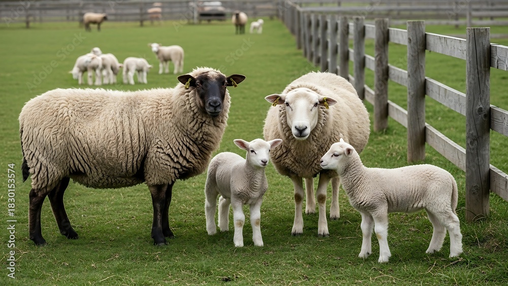 Obraz premium Sheep Family Grazing in a Green Pasture.