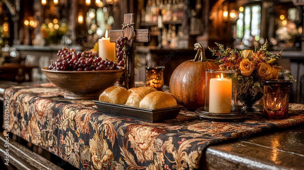 Fototapeta premium A rustic autumn harvest celebration table display presents a warm Thanksgiving ambiance with decorative gourds and candles in a cozy setting.