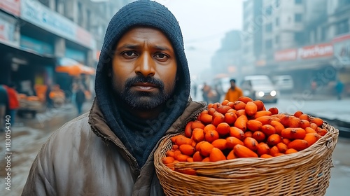 Fototapeta Naklejka Na Ścianę i Meble -  Street vendor with basket of red fruit