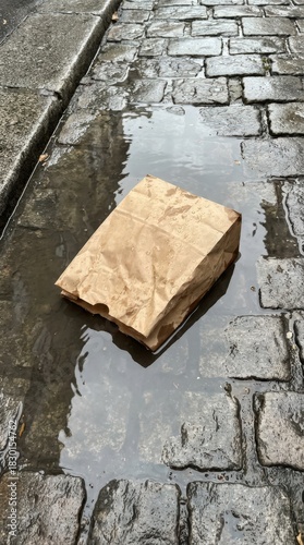 Wet Cardboard Box Floating in Puddle on Cobblestone Street.