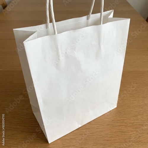 White paper shopping bag on a wooden table empty and ready for use perfect for retail and gifts.