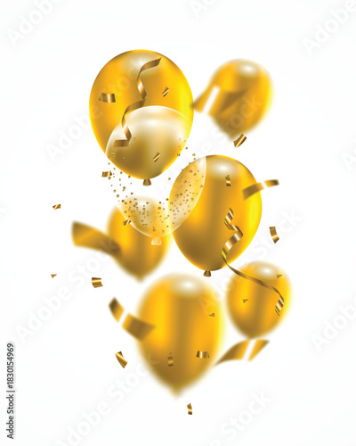 Vibrant golden glossy 3d helium balloons with flying festive ribbon and foil confetti on background. Perfect for celebrations, promotions, grand openings, party banner, festive events and Ads. Vector