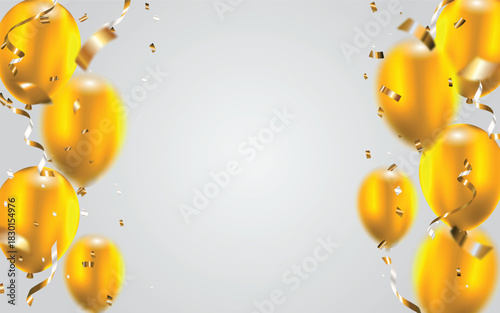Vibrant golden glossy 3d helium balloons with flying festive ribbon and foil confetti on background. Perfect for celebrations, promotions, grand openings, party banner, festive events and Ads. Vector