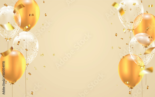 Vibrant golden glossy 3d helium balloons with flying festive ribbon and foil confetti on background. Perfect for celebrations, promotions, grand openings, party banner, festive events and Ads. Vector