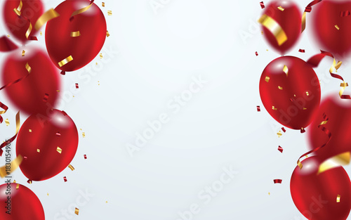 Vibrant red glossy 3d helium balloons with flying festive ribbon and foil confetti on background. Perfect for celebrations, promotions, grand openings, party banner, festive events and Ads. Vector