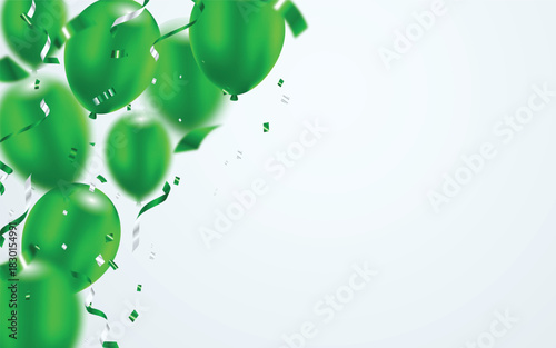 Vibrant green glossy 3d helium balloons with flying festive ribbon and foil confetti on background. Perfect for celebrations, promotions, grand openings, party banner, festive events and Ads. Vector