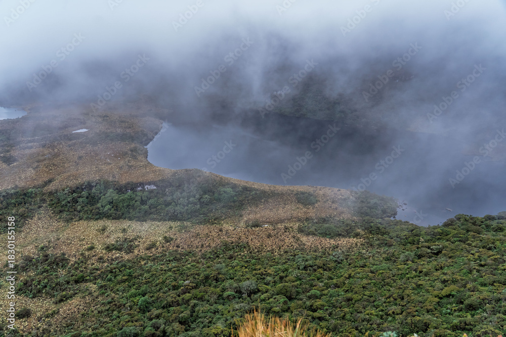 Fototapeta premium Mountain lake shrouded in mist, in a landscape rich in biodiversity in the Colombian Andes. Birthplace of the Magdalena River.