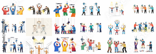 Diverse set of puppeteers controlling marionettes under stage lights, depicting theater performance, manipulation, and art collection.