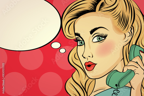 Surprised pop art woman chatting on retro phone . Comic woman with speech bubble. Pin up girl