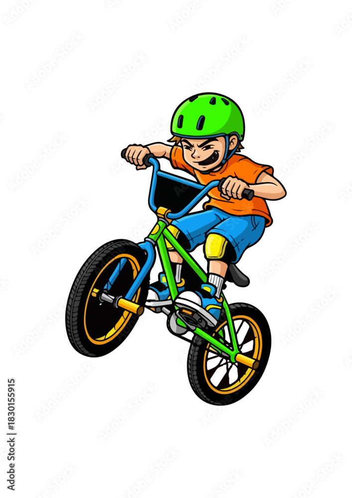 Fototapeta premium Cartoon illustration of a young boy doing a wheelie on a BMX bike.