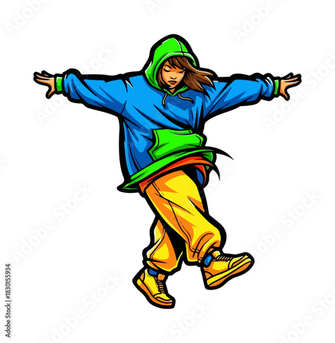 Dynamic illustration of a young person performing hip hop dance.