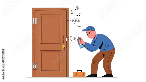 A handyman fixing a noisy squeaking door hinge with lubricating spray, a home maintenance and repair concept