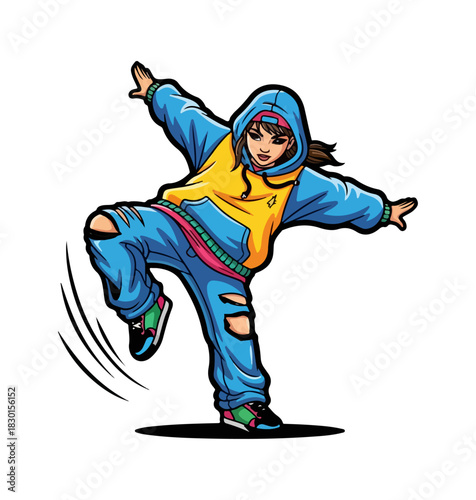 Energetic young hip hop dancer performing dynamic street dance move.