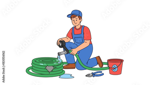 Repairman Working on Leaking Garden Hose with Tools, Water Bucket
