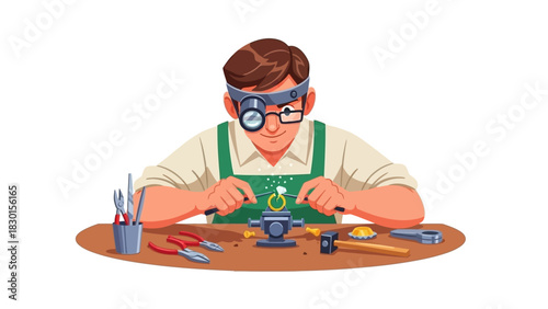 Jeweler at work creating intricate designs with precision tools and magnifying glasses