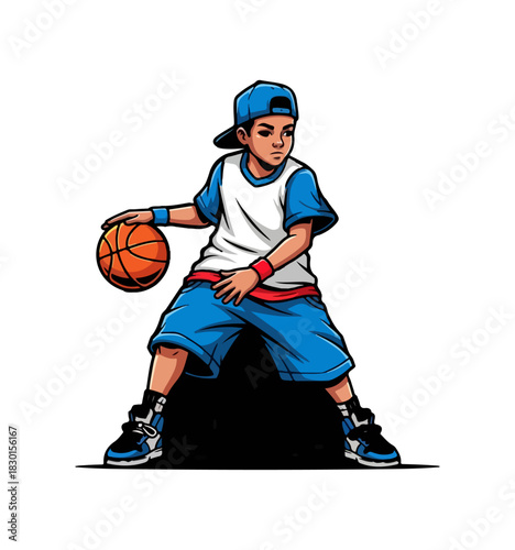 Young boy in urban street style clothing playing basketball.