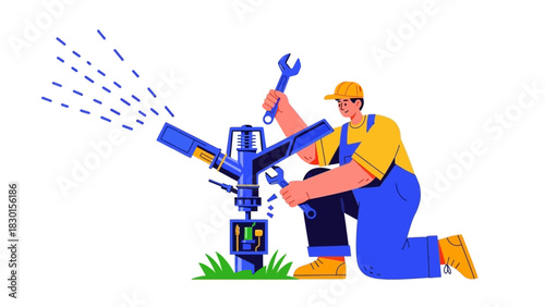 Sprinkler System Repair Technician A Professional Servicing Irrigation Equipment Illustration