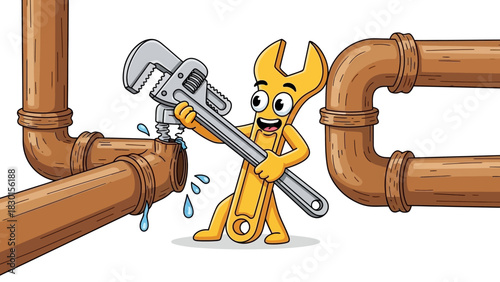 Cartoon Plumber Character Fixing Leaking Pipes with Wrench Illustration