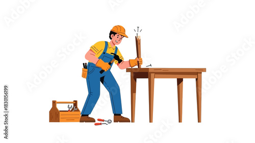 Handyman carpenter in uniform character fixing a broken wooden table leg with tools. Vector illustration of a professional repairman at work