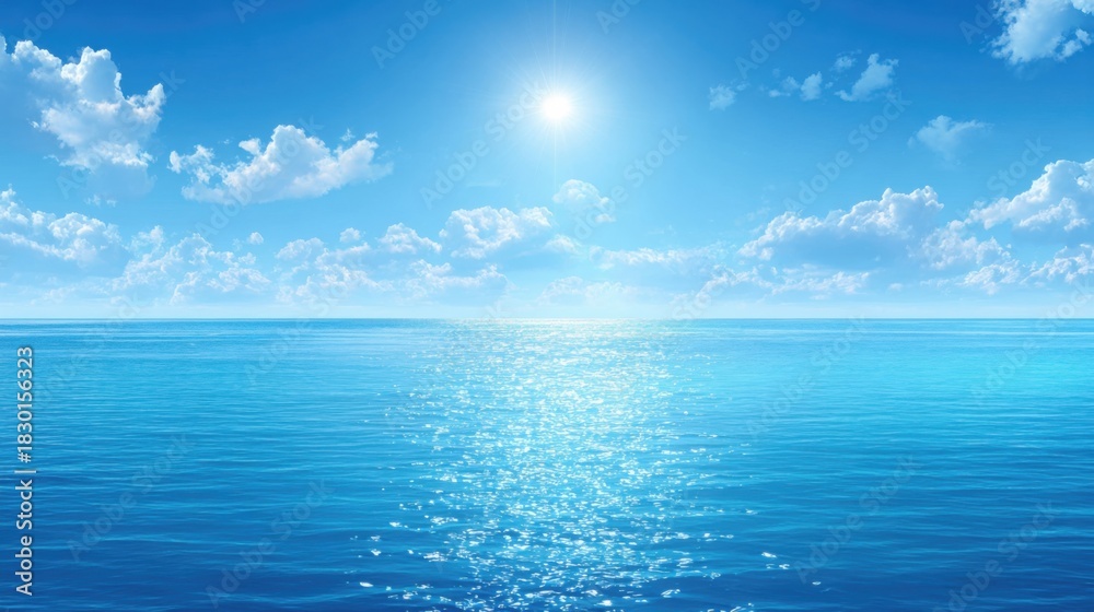 Obraz premium Bright sun over calm blue ocean with white clouds creating beautiful sea landscape with sunlight reflection 