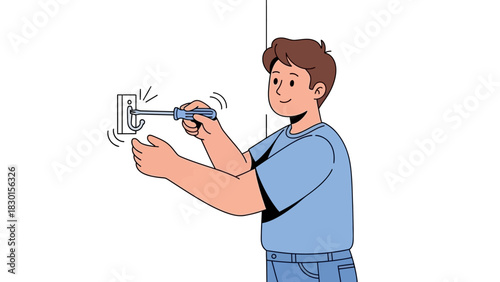 Illustration of a person diligently using a screwdriver to mount a wall hook, symbolizing home maintenance and DIY projects