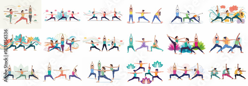 Vector collection illustrating various yoga poses and exercises, featuring diverse groups of people practicing fitness, mindfulness, and healthy lifestyles amidst lotus decorations.